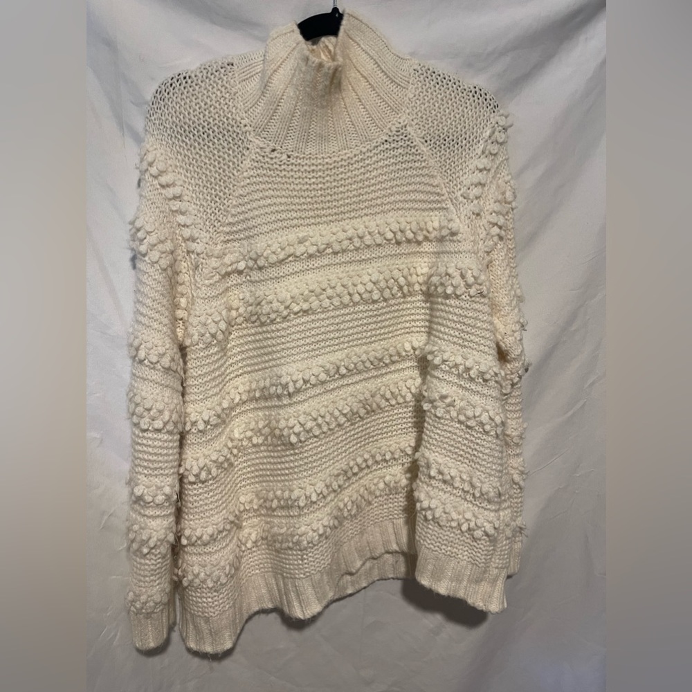 NWT Lou & Grey Ivory Chunky Pom Pom Bubble Knit Alpaca Blend Mock Neck Sweater